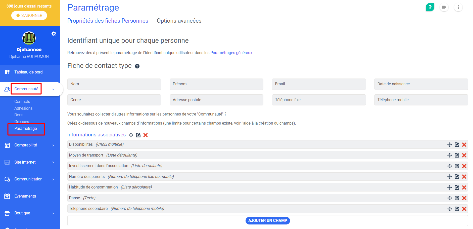Settings page > Person record properties in AssoConnect, showing the default contact record and custom fields in the "Membership Information" section