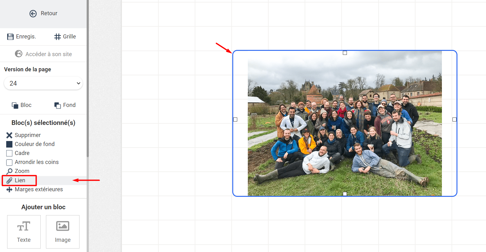 Editor de página Poplico con un bloque de imagen seleccionado y la opción «Enlace» destacada en el panel lateral izquierdo