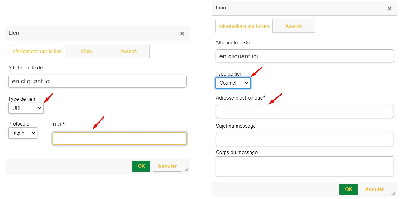 Dos ventanas «Enlace» una junto a la otra: una con el tipo URL (campo URL destacado) y otra con el tipo Correo electrónico (campo Dirección de correo destacado).
