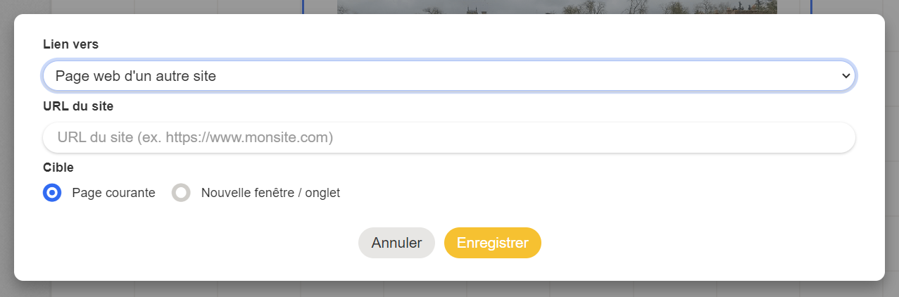 Ventana de configuración de un enlace a una página web externa, con los campos «URL del sitio» y «Destino» (página actual o nueva ventana)