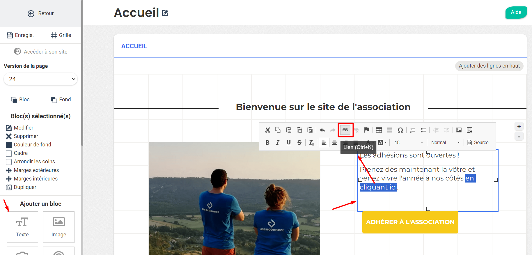 Springly page editor with the 'Link (Ctrl+K)' button highlighted in the toolbar, used to insert a link on selected text.