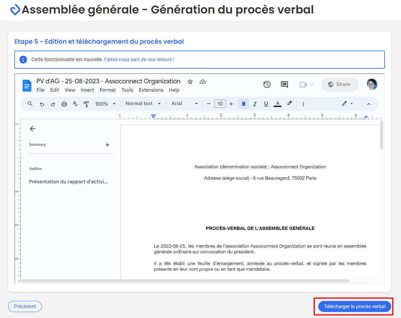Paso 5 de la generación del acta de la asamblea general: vista previa del documento en Google Docs y botón «Descargar el acta» destacado.