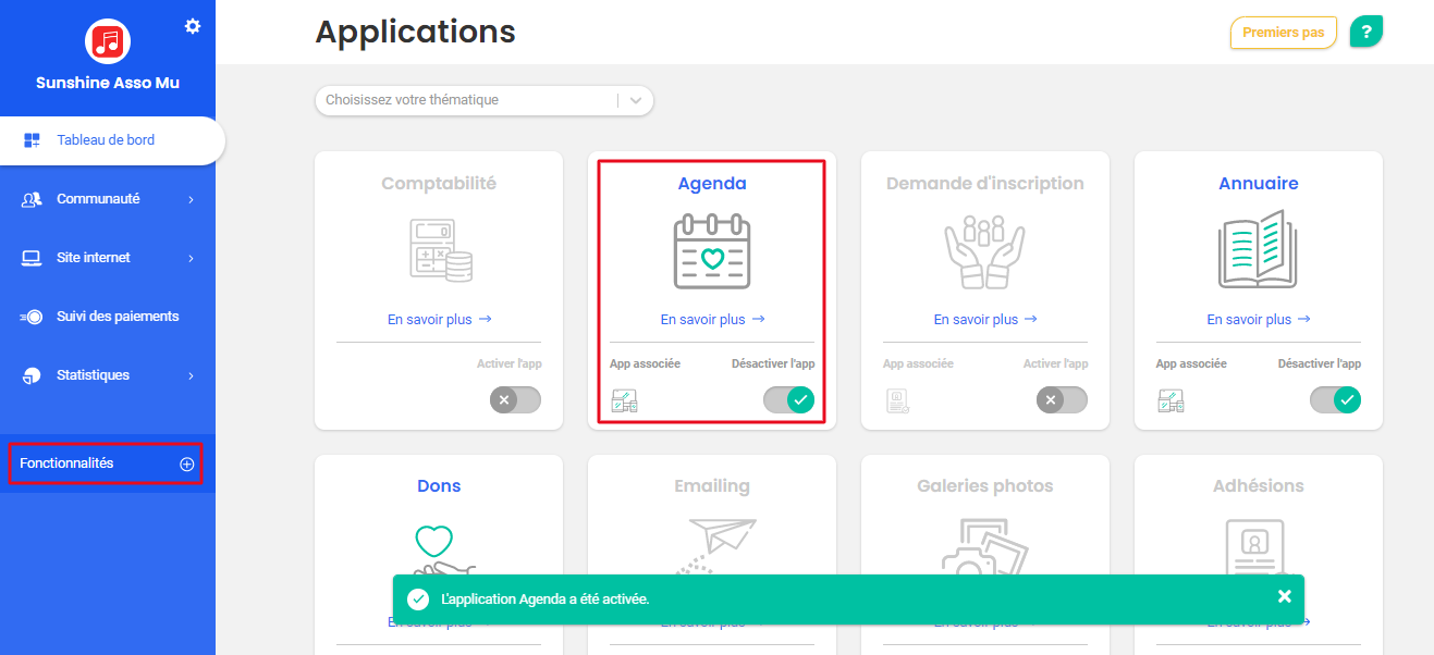 Springly Features page with the Calendar app enabled (green toggle), highlighted by a red box, and the confirmation message 'The Calendar app has been enabled'