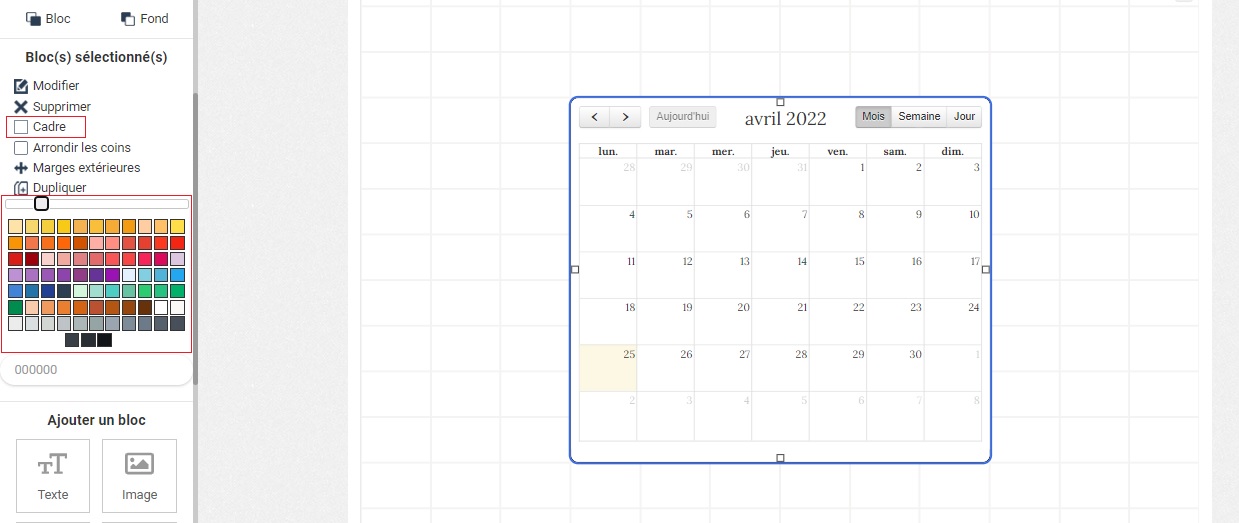 Calendar block editing panel showing a monthly calendar view (April 2022) with border, color, and margin options in the Springly interface.