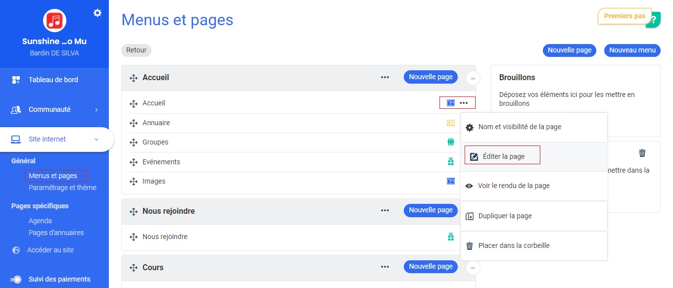 Interfaz «Menús y páginas» de Poplico con el menú contextual de una página de Inicio abierto, destacando la opción «Editar la página»