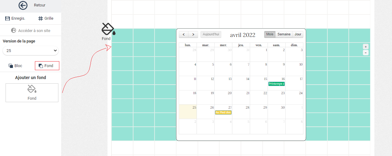 Editor de página Poplico mostrando un calendario de abril 2022 en vista mensual, con dos eventos visibles y la herramienta "Fondo" destacada a la izquierda