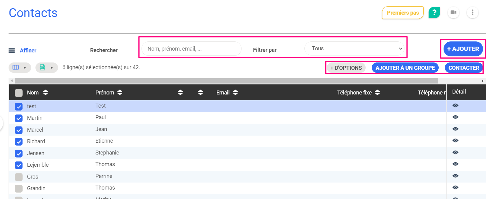 Springly contact list with 6 rows selected out of 42, showing the search and filter fields and the "+ Add", "Add to a group" and "Contact" buttons highlighted.