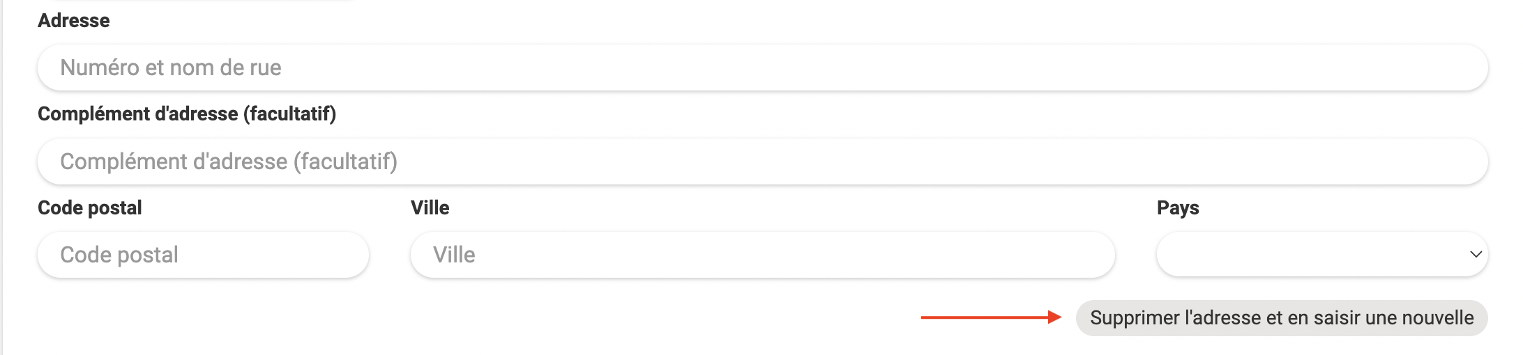 Address form with fields for Street number and name, Address line 2, ZIP code, City, and Country, with the button "Delete the address and enter a new one" highlighted