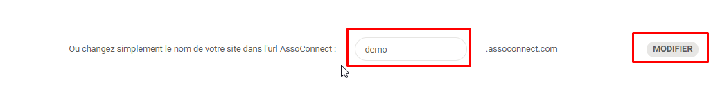 Campo de entrada del subdominio Poplico (aquí "demo") con el botón "Modificar" para confirmar el cambio de URL.