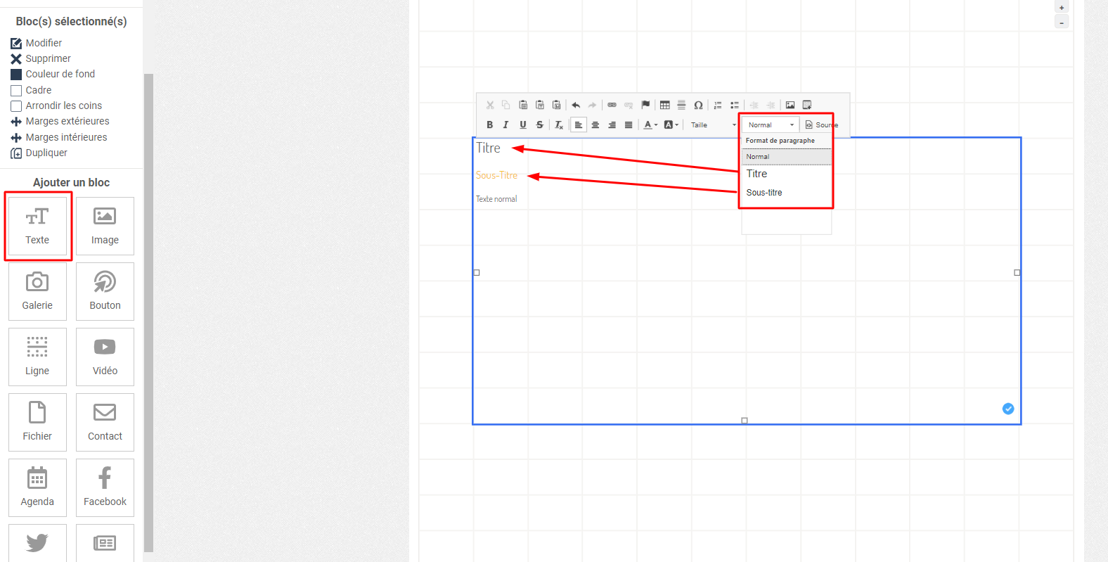 Text block editor in Springly, with the "Paragraph Format" dropdown open showing the Normal, Heading, and Subheading options