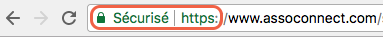 Padlock and https prefix displayed in the browser's address bar, example https://www.assoconnect.com/
