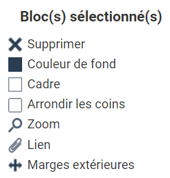 'Selected block(s)' panel listing formatting options: Delete, Background color, Border, Round corners, Zoom, Link, Outer margins.