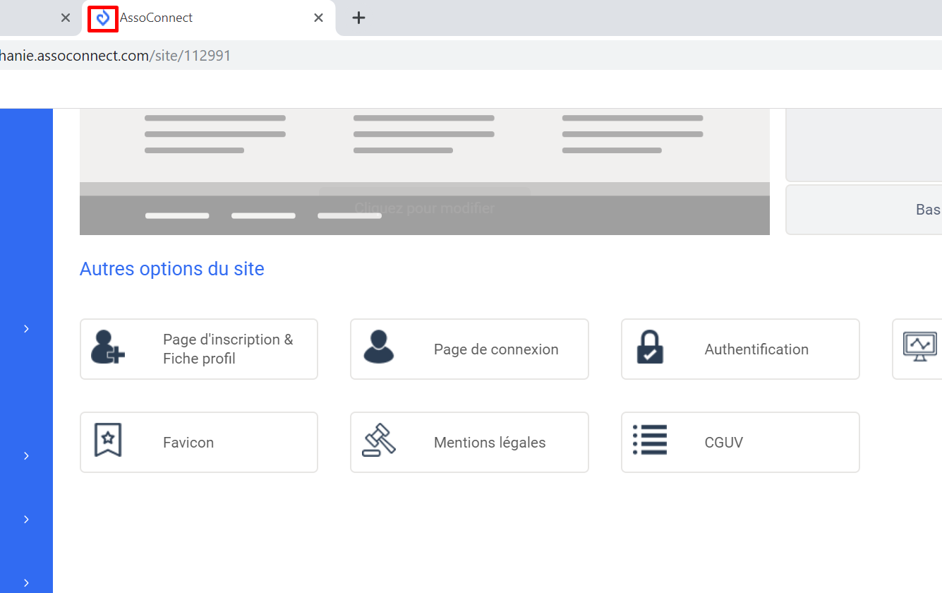 Sección «Otras opciones del sitio» en Poplico, con los botones Página de registro, Página de inicio de sesión, Autenticación, Favicon, Aviso legal y Términos y condiciones