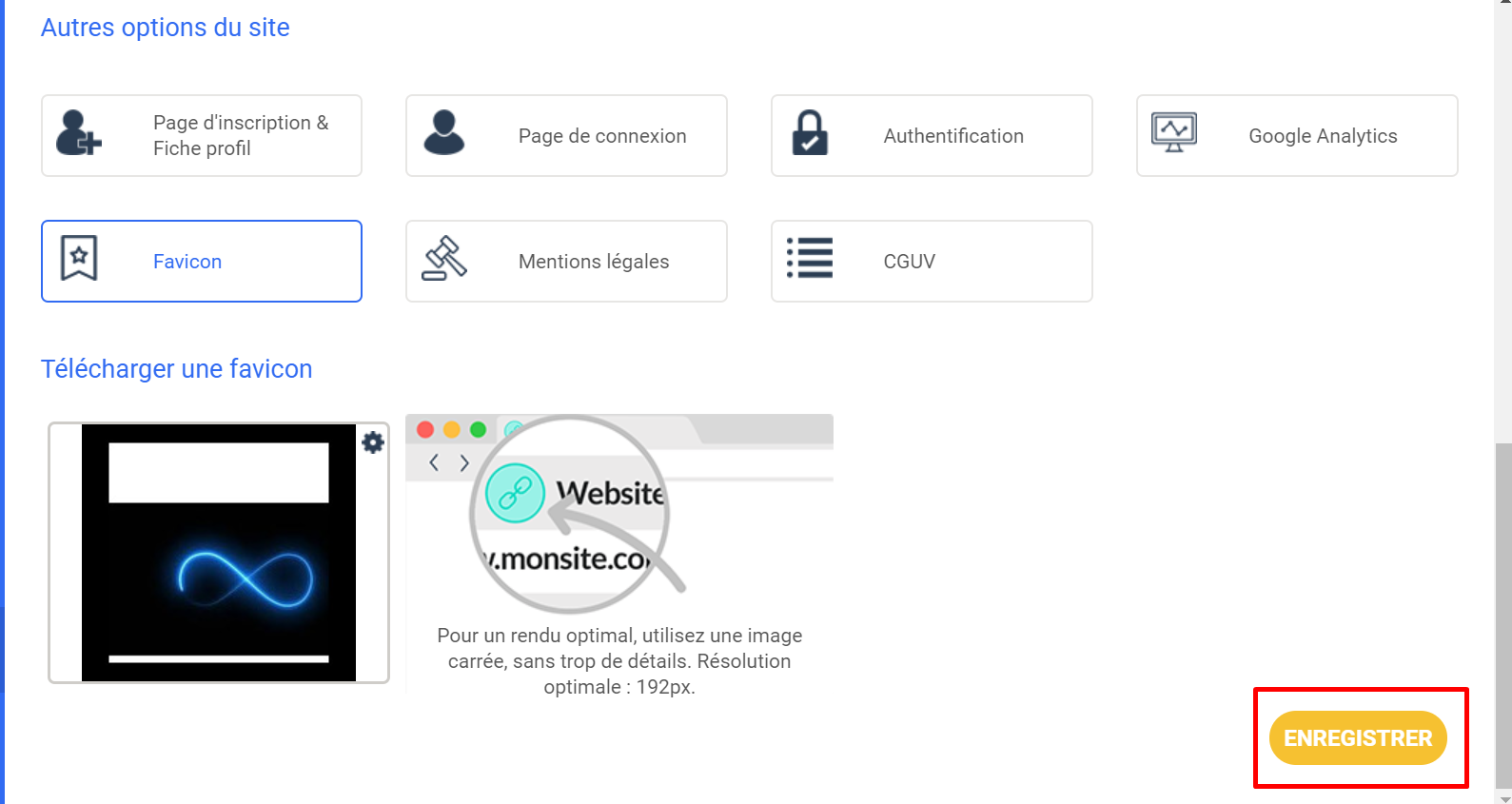 Configuración del sitio Poplico, pestaña «Favicon» seleccionada, con una vista previa de la imagen cargada y el botón «Guardar» destacado