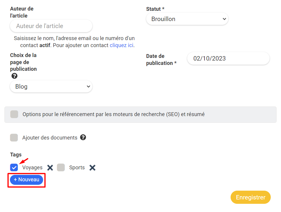 Article creation form with fields for Author, Status set to 'Draft', Publication Date, Tags (Travel, Sports), and the '+ New' button highlighted in red