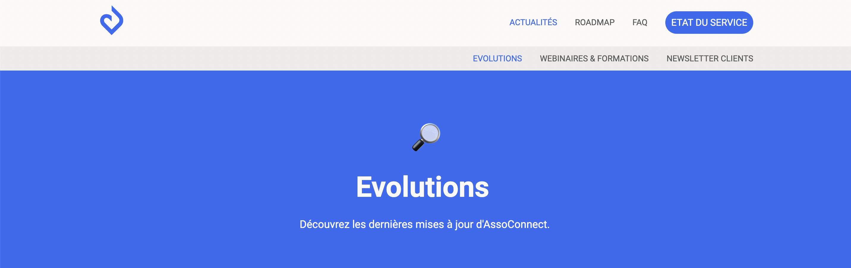 Página «Evolutions» del Help Center de Poplico, con la navegación principal (Actualités, Roadmap, FAQ) y las subpestañas Evolutions, Webinaires & Formations, Newsletter Clients