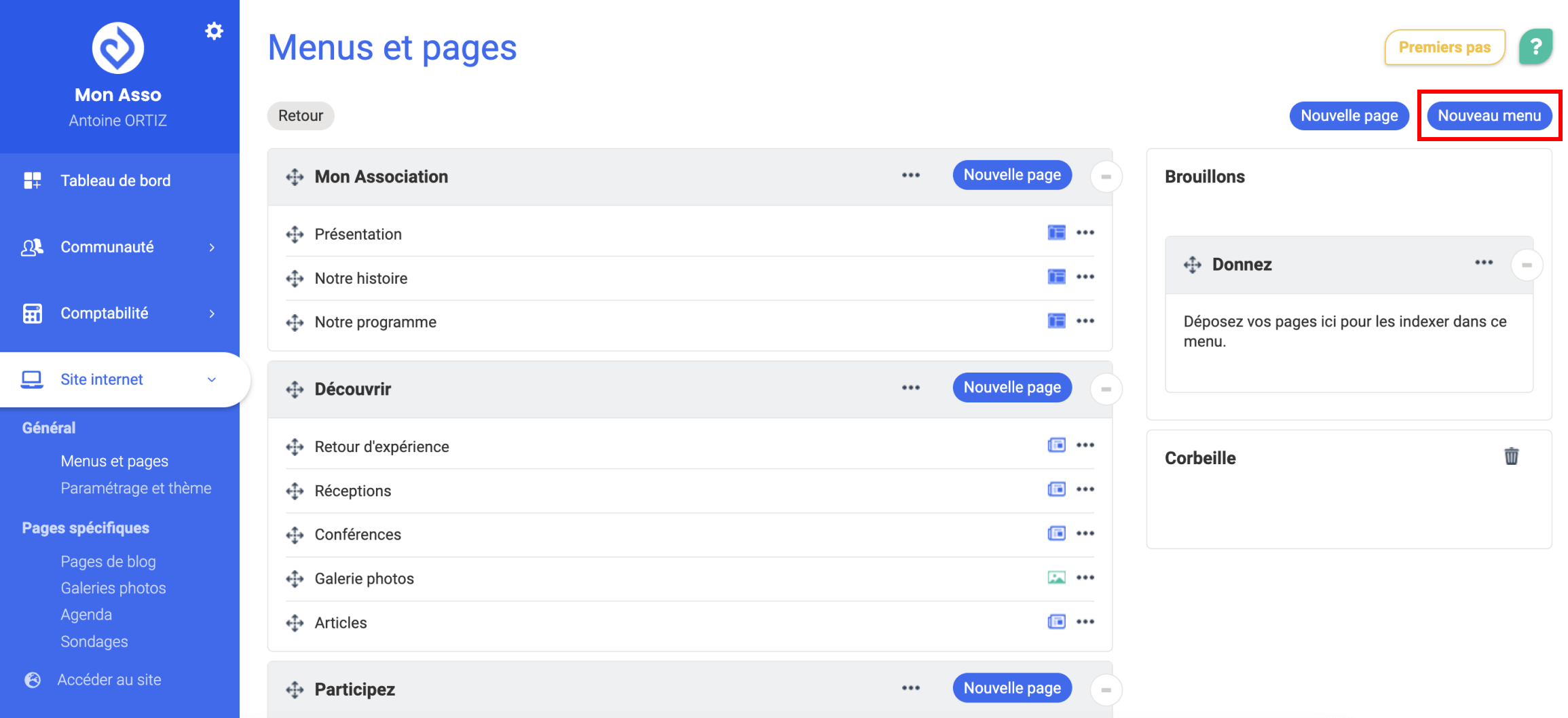 Page « Menus et pages » d'AssoConnect avec le bouton « Nouveau menu » mis en évidence par un encadré rouge en haut à droite