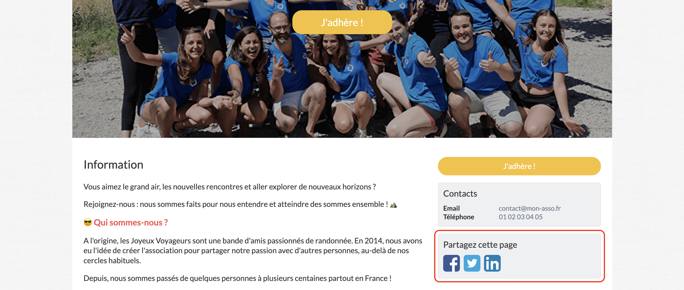Página pública de una asociación en Poplico, con foto de grupo en camisetas azules, botón «¡Me apunto!», contactos y botones para compartir en redes sociales.