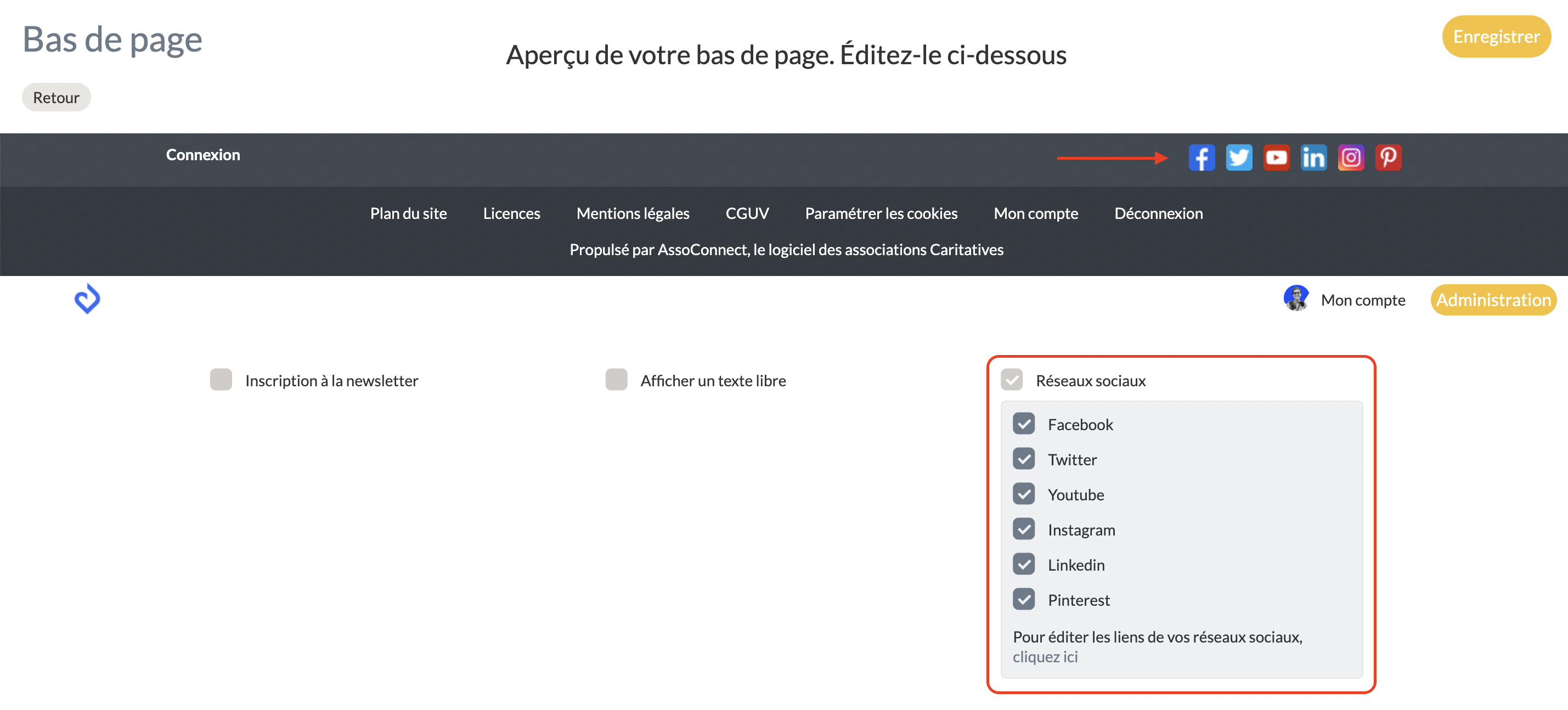 Página de edición del pie de página en Poplico, con la sección «Redes sociales» destacada y las casillas Facebook, Twitter, YouTube, Instagram, LinkedIn y Pinterest marcadas.