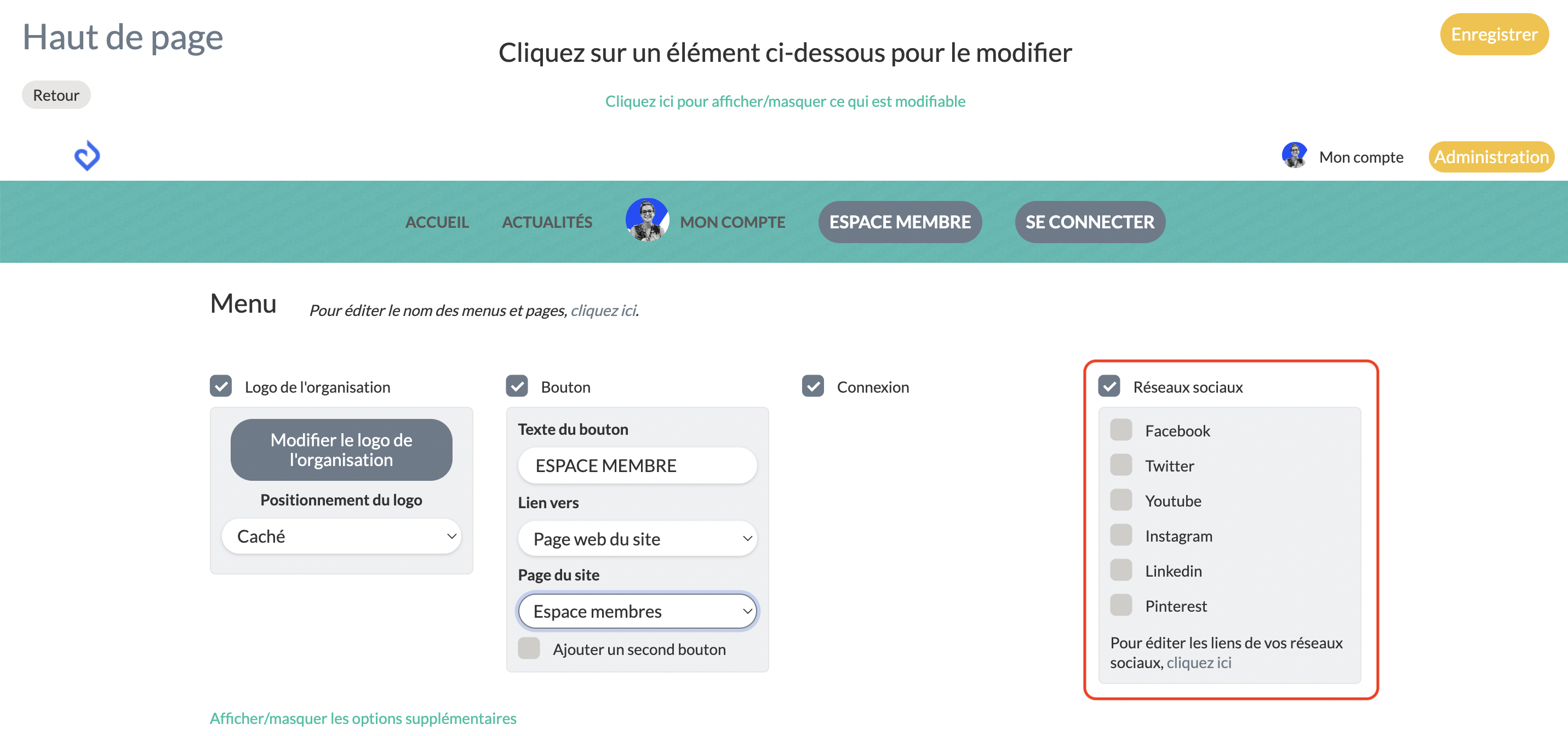 Springly website header editor, with the "Social Media" panel highlighted in red, listing Facebook, Twitter, Youtube, Instagram, Linkedin and Pinterest