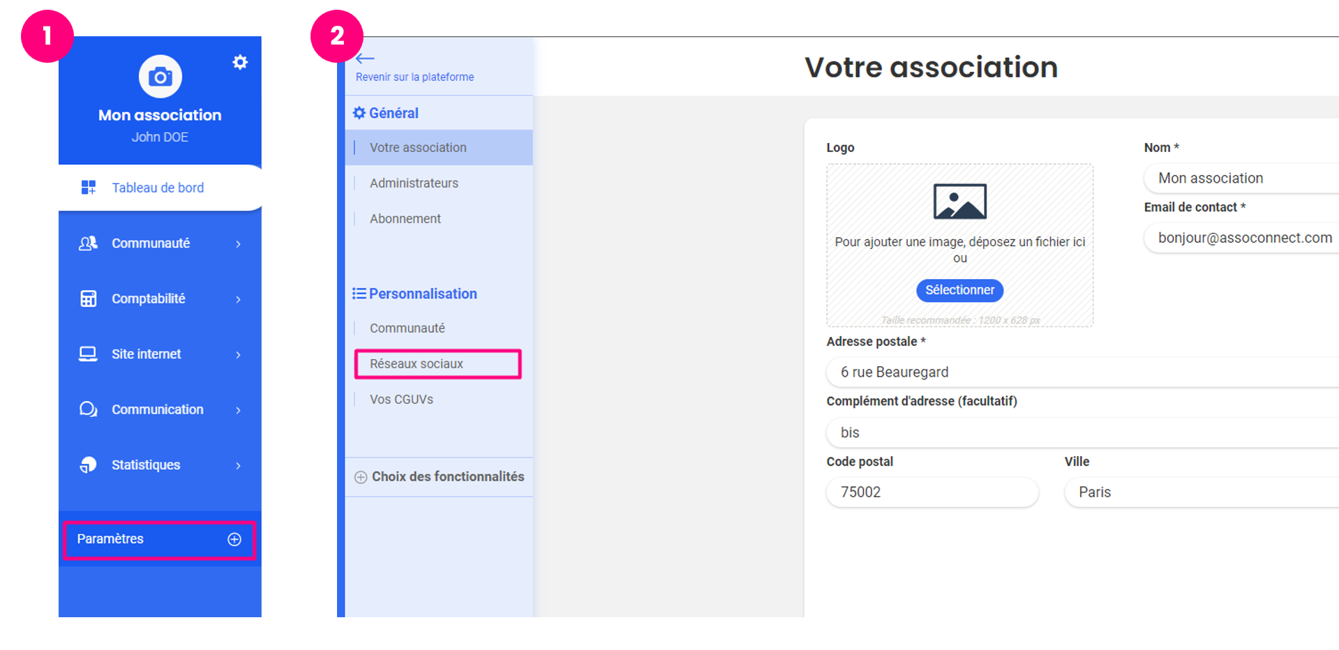 In Springly, the "Settings" menu (1) then "Social Media" under Customization (2) in the nonprofit settings.