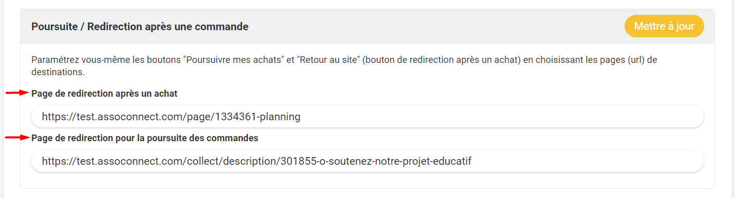 "Continue / Redirect after an order" setting with two URL fields highlighted by red arrows: redirect after purchase and continue shopping