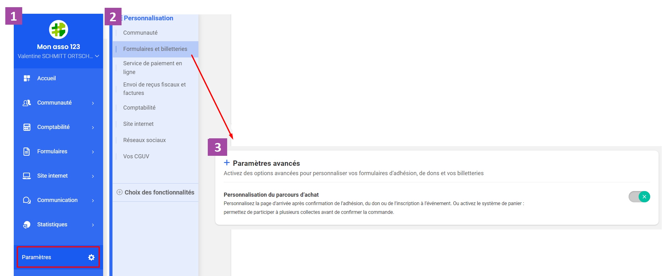 In Springly, access to advanced form settings via Settings > Customization > Forms and ticketing, with the "Purchase flow customization" option.