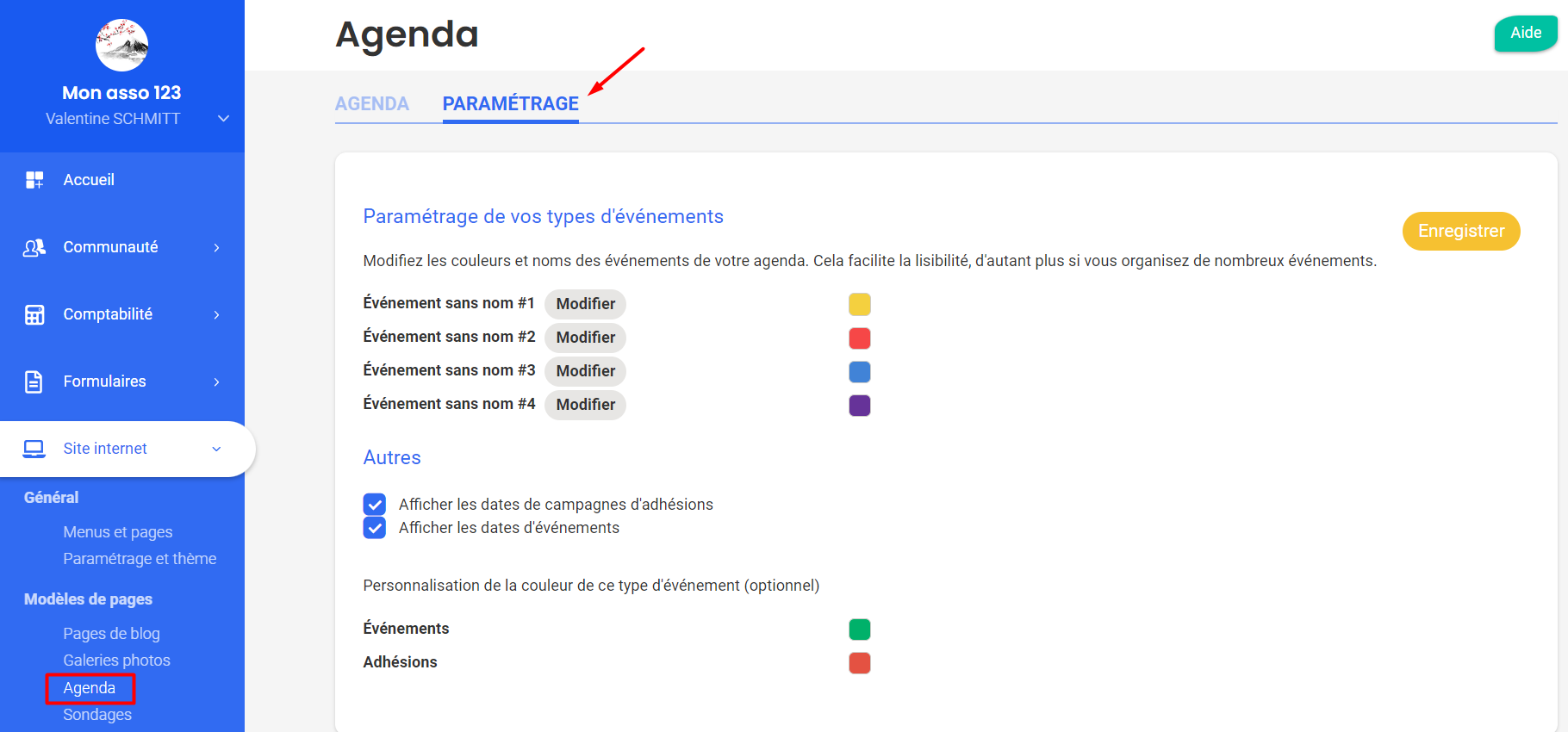 The "Settings" tab of the Calendar in AssoConnect, showing event types with their colors and date display options.