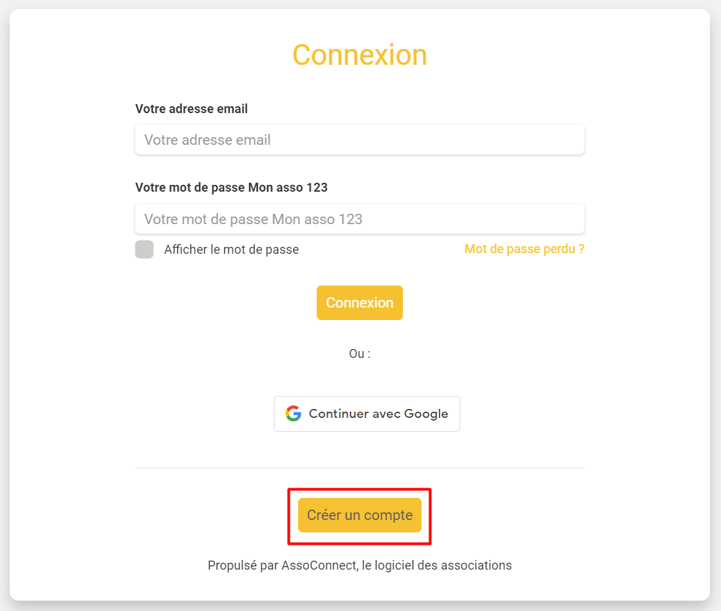 Mon Asso 123 login page with email and password fields, and the "Create an account" button highlighted