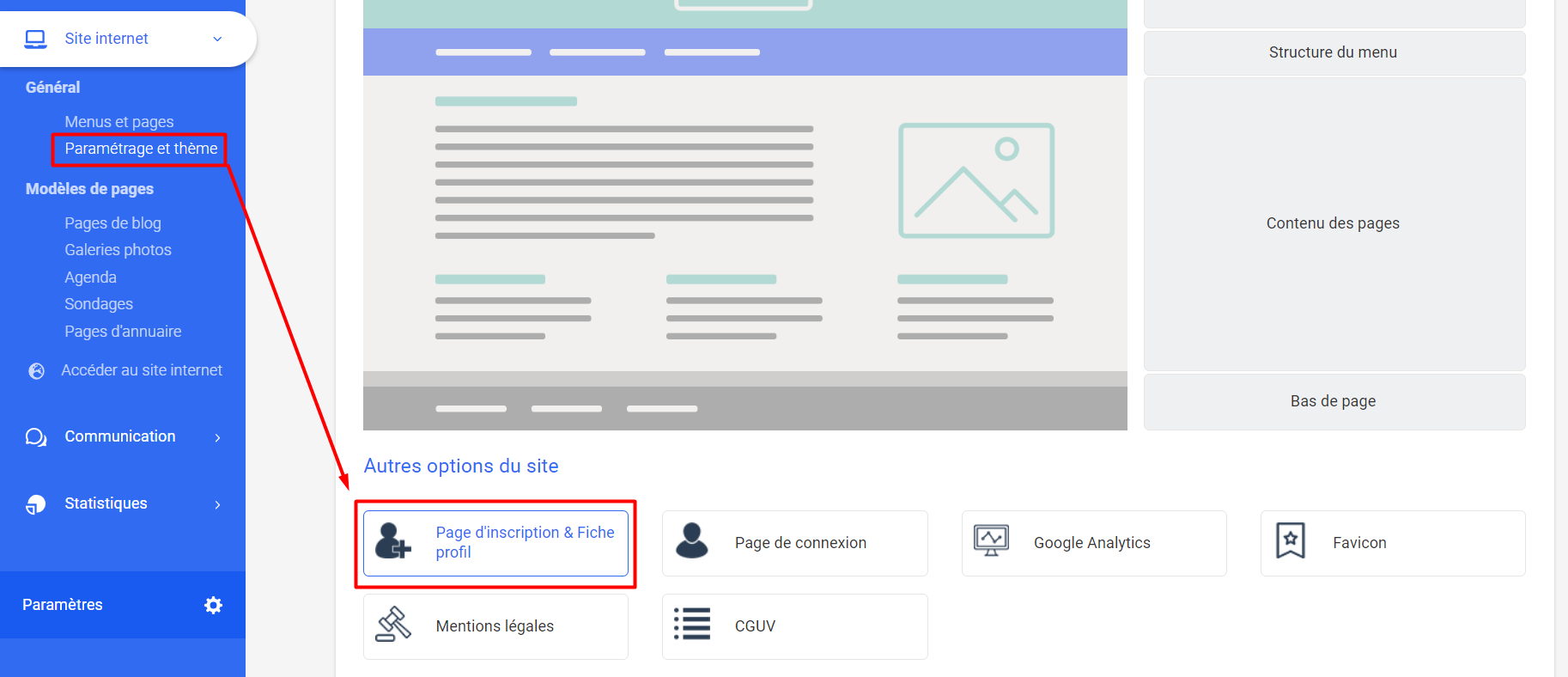 In the Springly back office, "Settings and theme" is selected, with an arrow pointing to the "Sign-up page & Profile" option under "Other site options".
