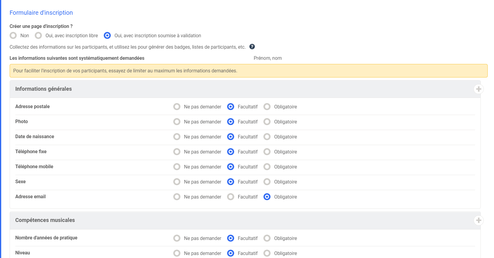 Springly sign-up form with "sign-up subject to approval" option and configurable fields (address, photo, required email, etc.)