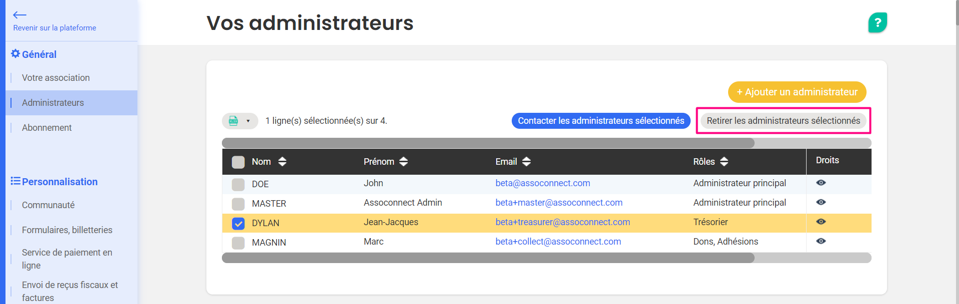 'Your Administrators' page with one administrator selected (Dylan Jean-Jacques, Treasurer) and the 'Remove Selected Administrators' button highlighted