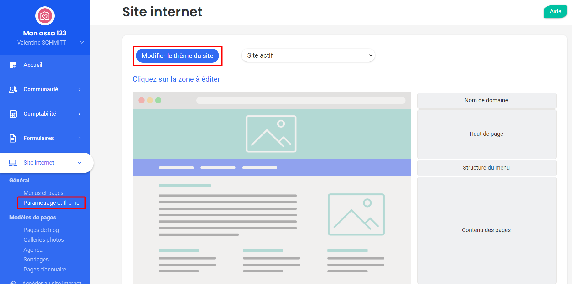 Página «Configuración y tema» del sitio web en Poplico, con el botón «Modificar el tema del sitio» resaltado
