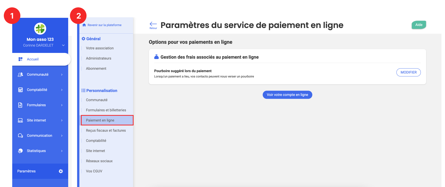 'Online payment service settings' page in Springly, with the 'Online payment' section highlighted in the Customization menu.