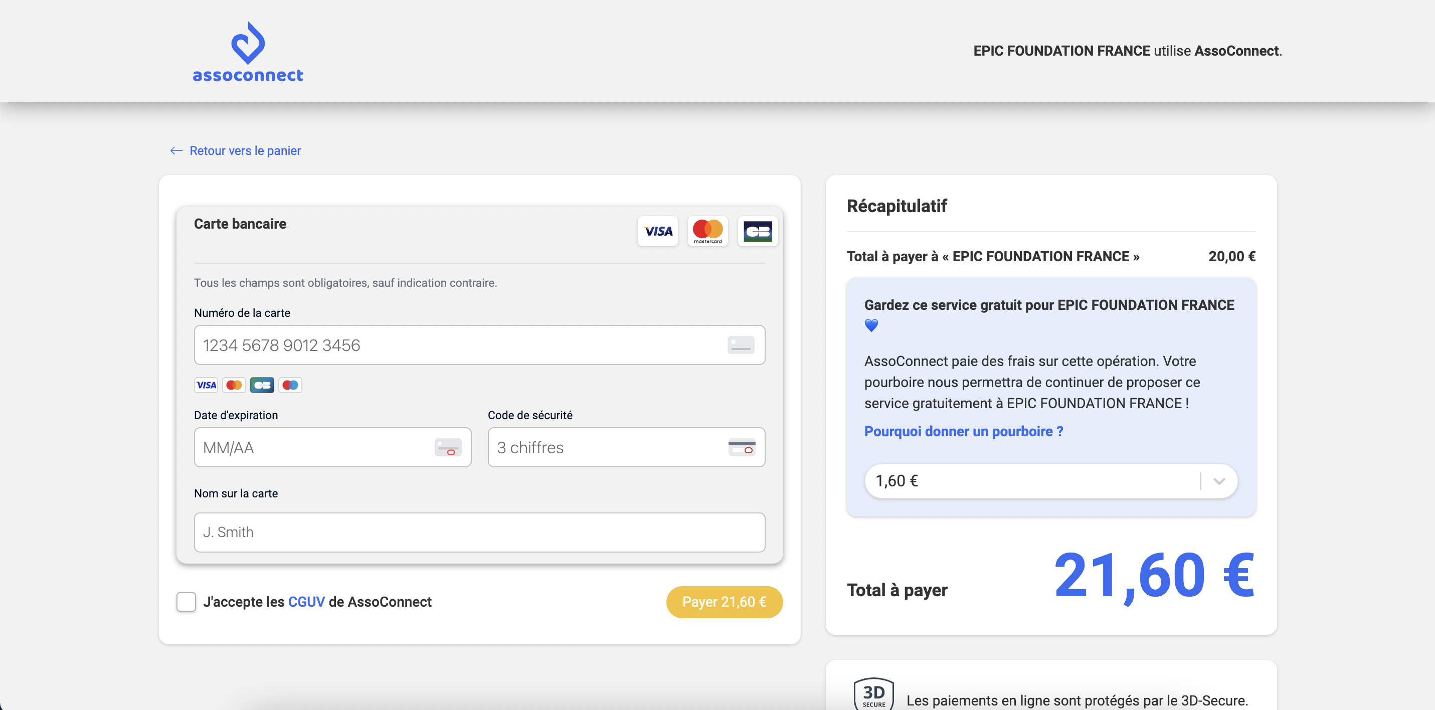 Springly payment by card page showing a summary with $20.00 for EPIC FOUNDATION FRANCE and an optional tip of $1.60, for a total of $21.60