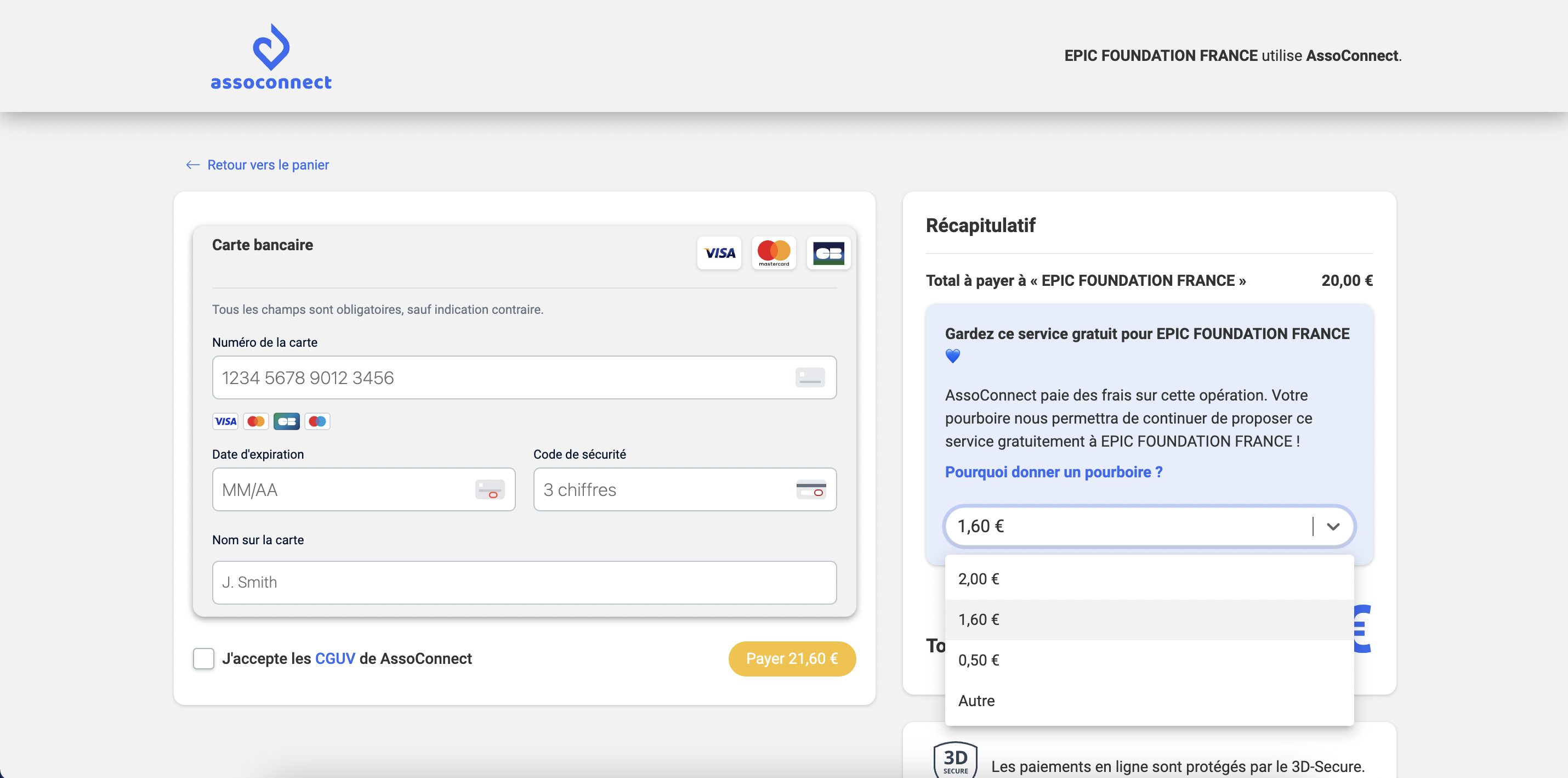 Springly payment page with the card form and the tip selection dropdown ($1.60, $2.00, $0.50, Other) for a total of $21.60