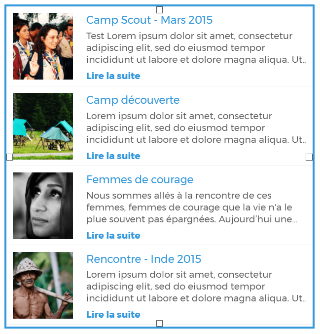List of articles with thumbnails: Scout Camp, Discovery Camp, Women of Courage, and India Meeting 2015, each with a summary and a "Read more" link.