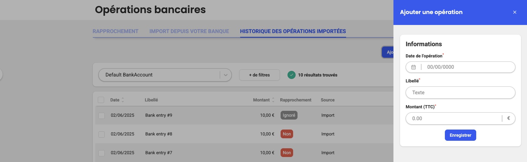 "Bank Transactions" page with the "Add a Transaction" panel open, showing the Date, Label, and Amount (incl. tax) fields
