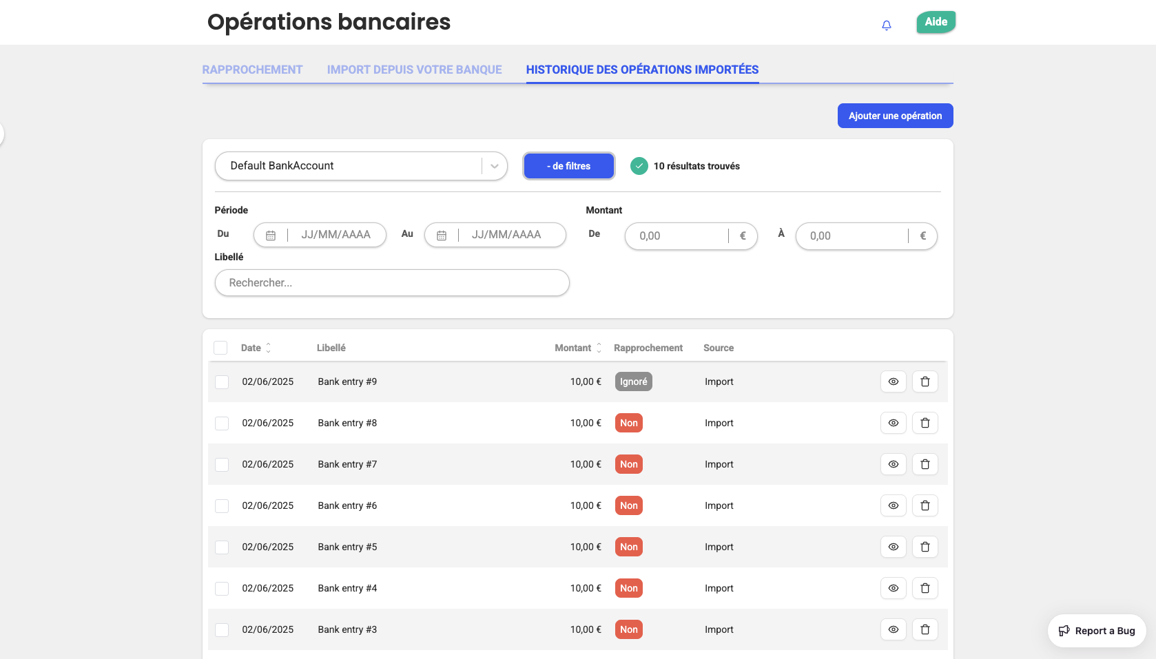 Pestaña «Historial de operaciones importadas» en Poplico, con una lista de transferencias bancarias y su estado de conciliación (Ignorado, No) y su origen (Importación)