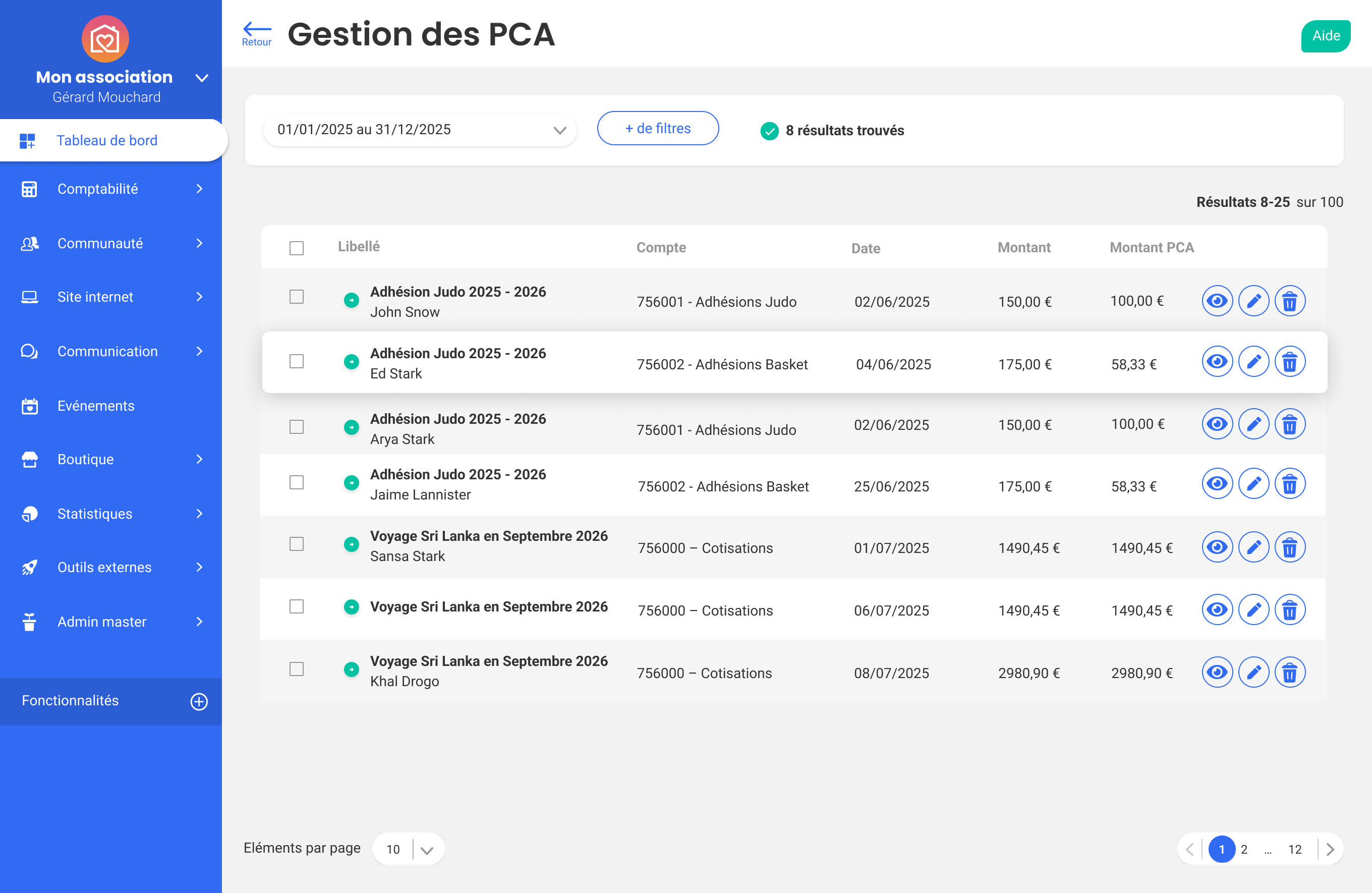 Interfaz de gestión de ingresos diferidos en Poplico, con una lista de asientos que muestra descripción, cuenta, fecha, importe e importe diferido.