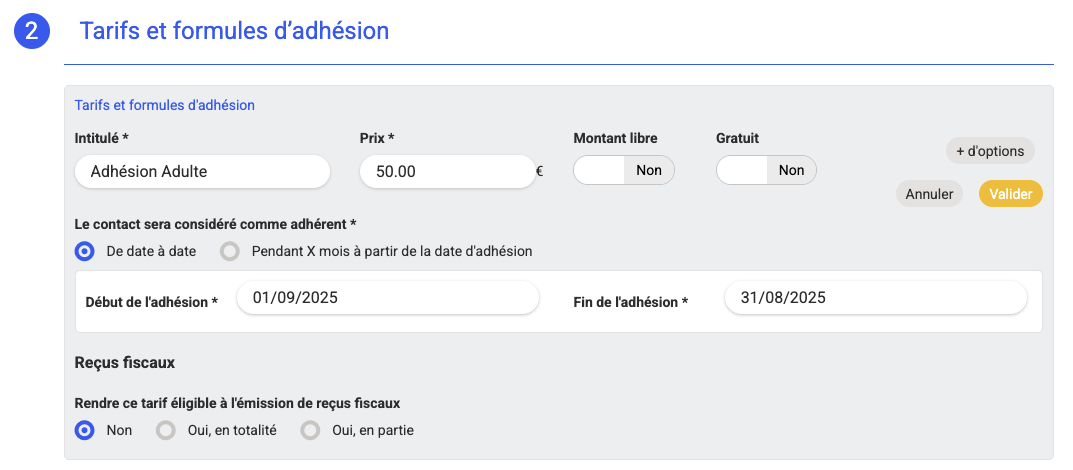 Form for creating an 'Adult Membership' membership fee at $50, with membership start and end dates and tax receipt options.