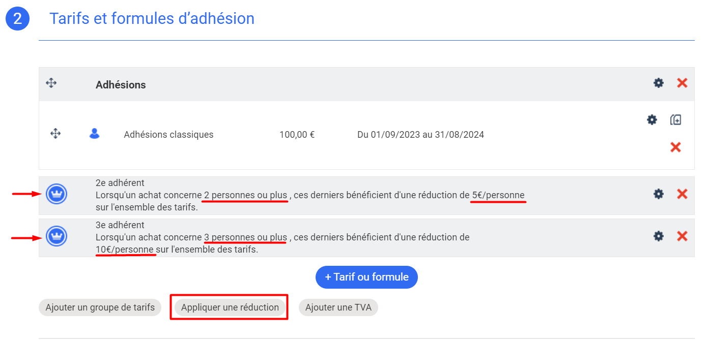 Sección «Tarifas y fórmulas de membresía» con dos reducciones automáticas configuradas (2º y 3er socio) y el botón «Aplicar una reducción» destacado.