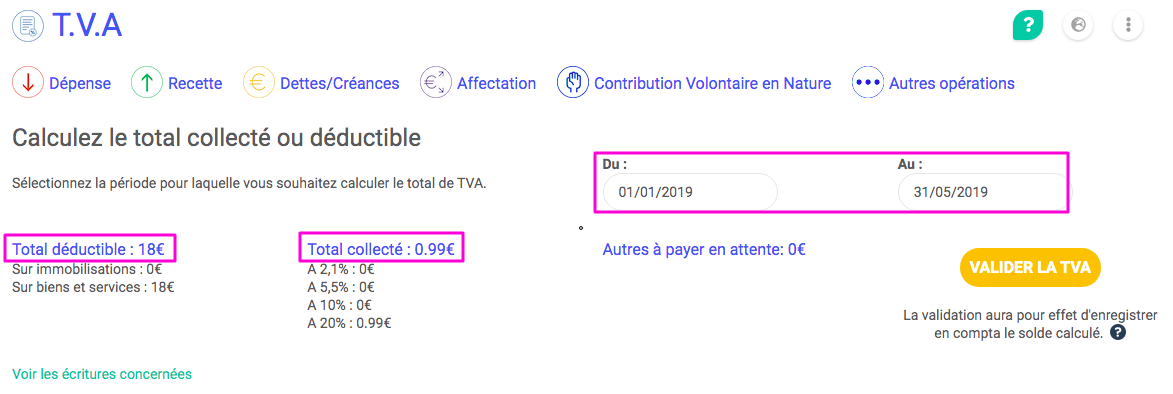VAT calculation page in Springly, showing a total deductible amount of €18 and a total collected amount of €0.99 for the period 01/01/2019 to 05/31/2019.