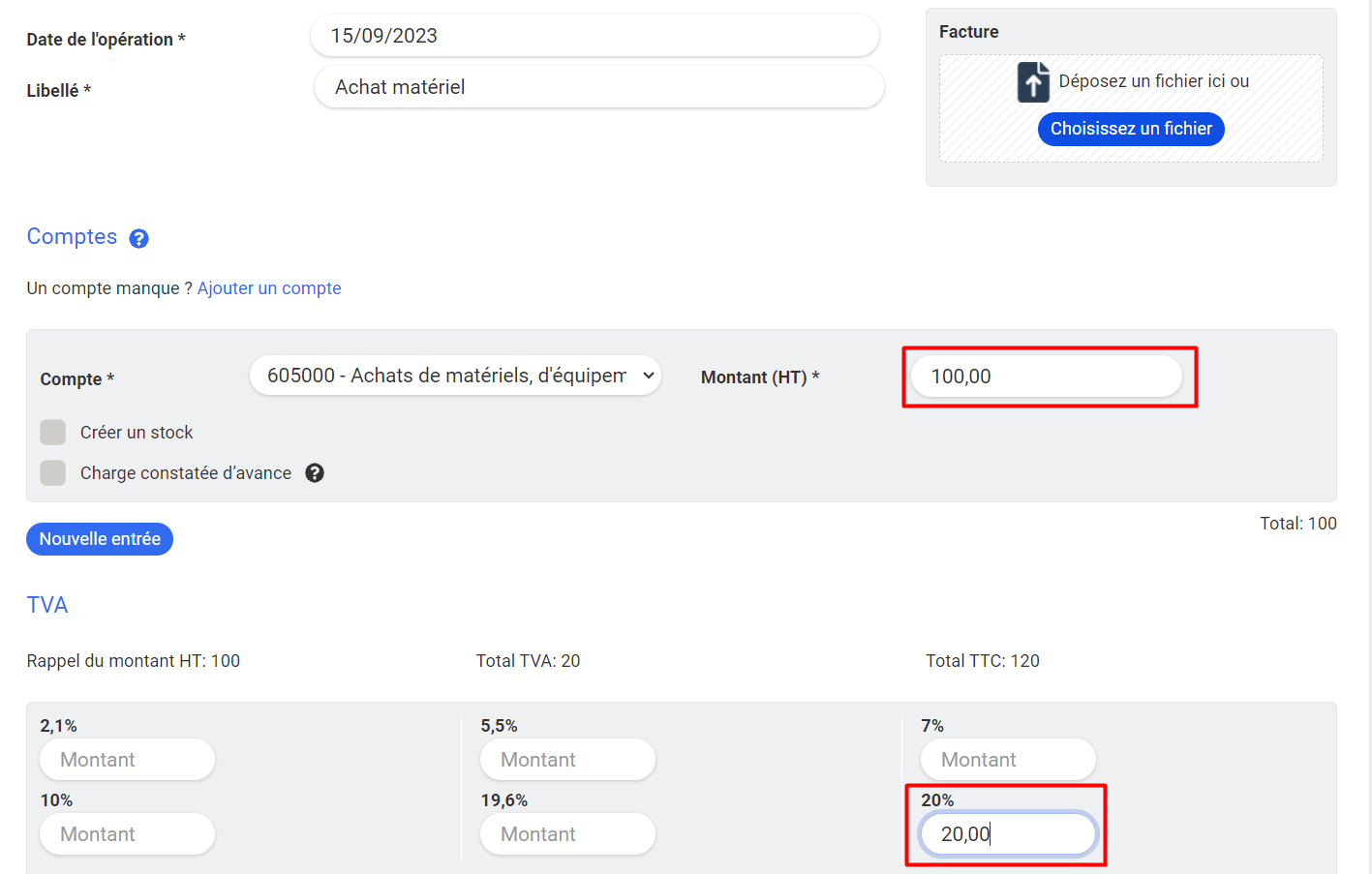 Formulario de asiento contable de Poplico con la cuenta 605000, un importe sin IVA de 100 € e IVA al 20 % de 20 €, para un total IVA incluido de 120 €