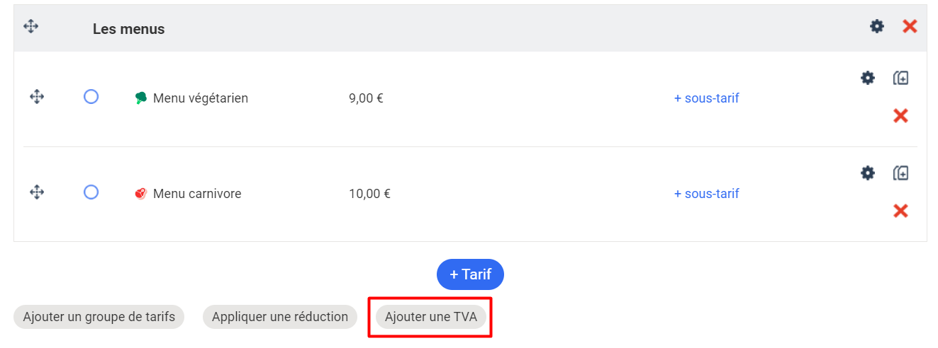 Sección "Los menús" con dos tarifas (Menú vegetariano a 9 € y Menú cárnico a 10 €) y el botón "Añadir un IVA" destacado