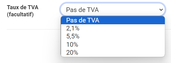 Menú desplegable «Tipo de IVA (opcional)» con las opciones: Sin IVA, 2,1 %, 5,5 %, 10 %, 20 %