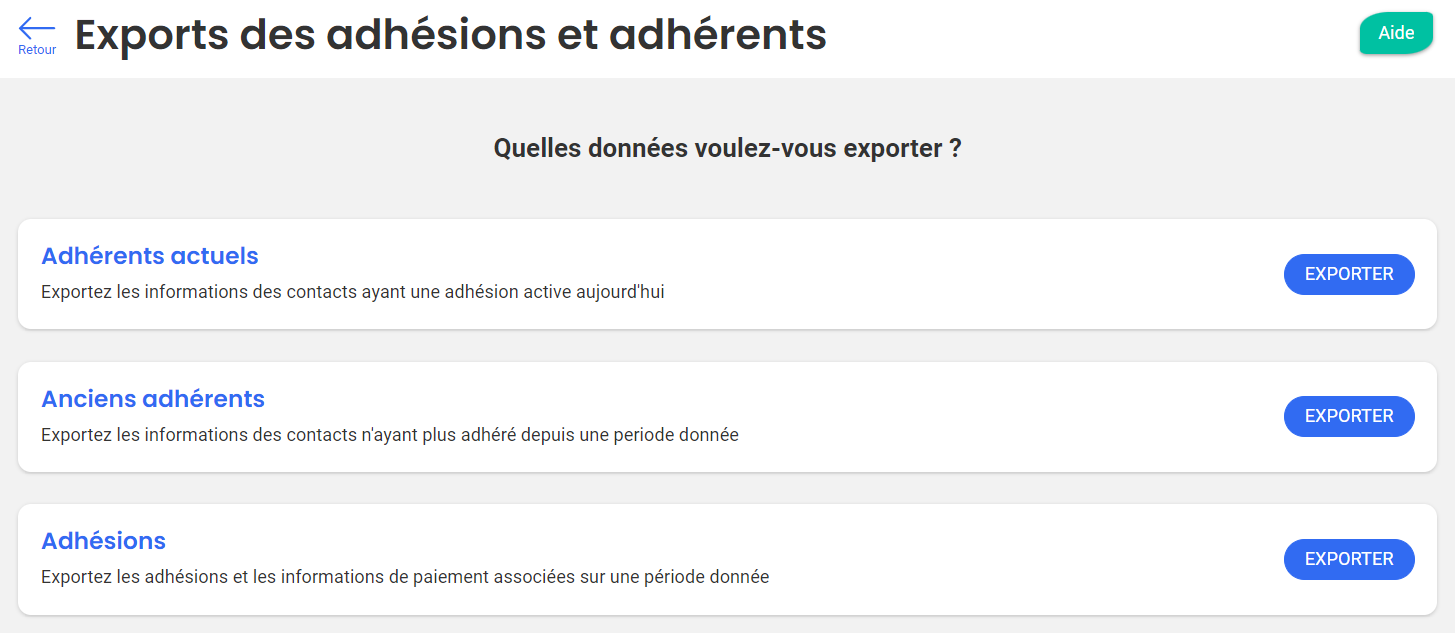 Memberships export screen with three options: current members, former members (period selector), memberships for a period with payment information