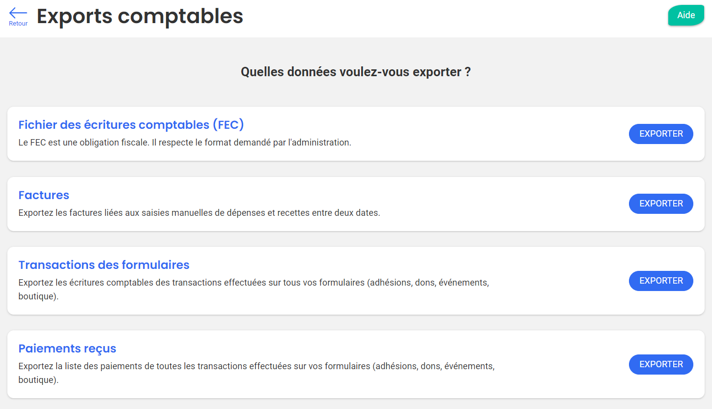 Accounting export screen with four available files: FEC, linked invoices, transaction-related entries, payment received entries