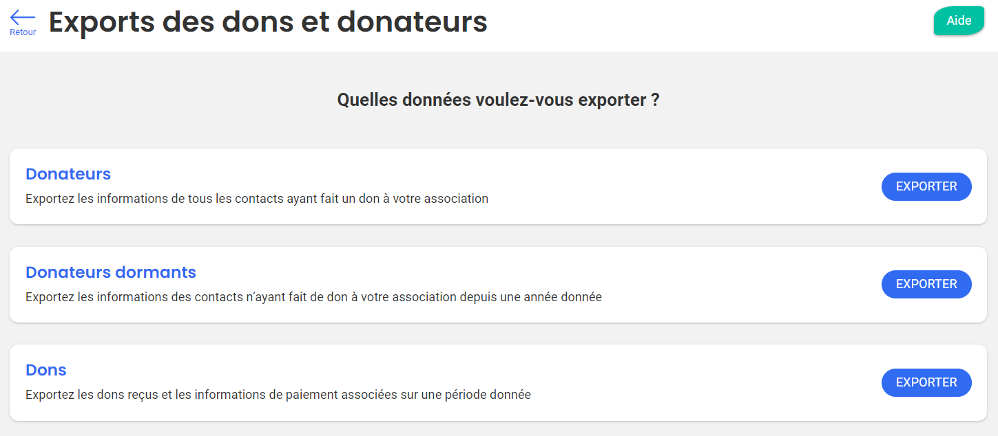 Pantalla de exportación de Donativos con las tres opciones: donantes, donantes inactivos (selector de año), donativos de un período con información de pago