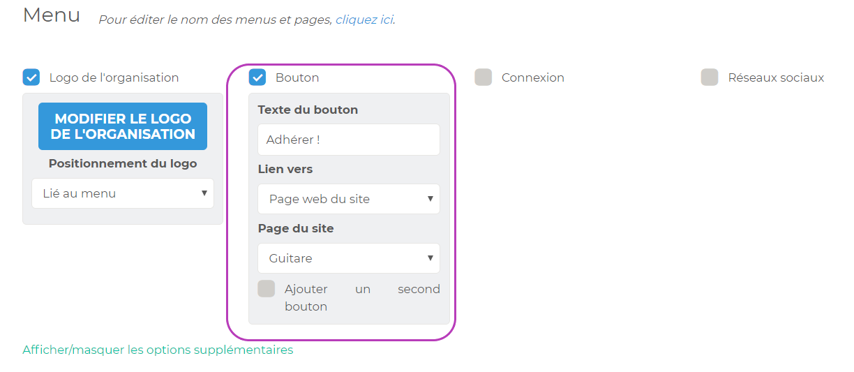 Menu settings with the "Button" section active, showing the text "Join!", a link to a site page, and the "Guitar" page selected
